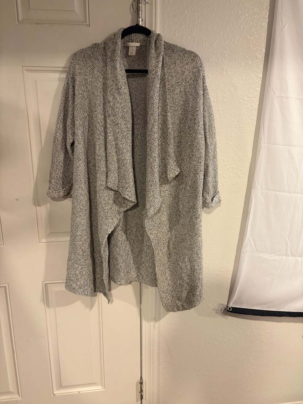 H&M Basic Gray White Heathered Knit Open Front Long Draped Cardigan M/L